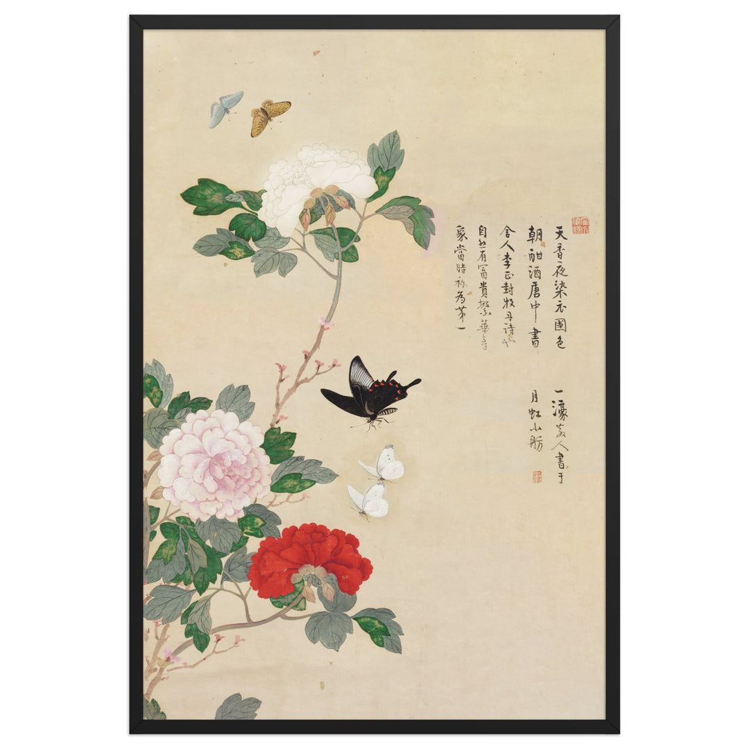 Poster - Blumen und Schmetterlinge Schwarz / 61×91 cm artlia