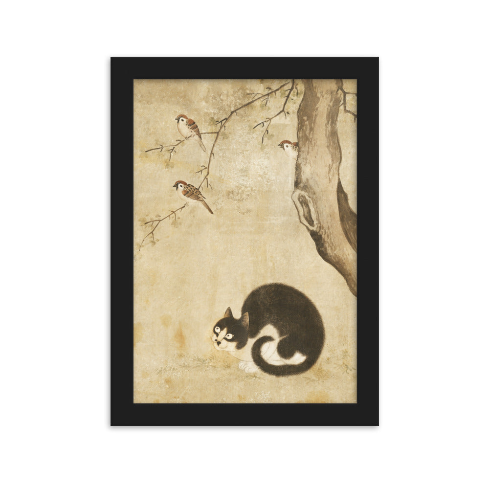 Poster - Katze und Spatzen, Byeon Sang-byeok Schwarz / 21×30 cm artlia