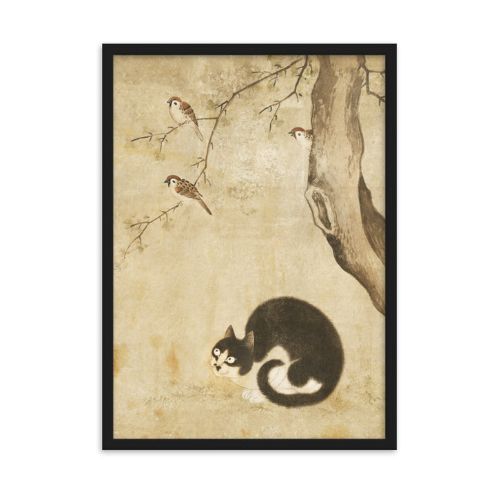 Poster - Katze und Spatzen, Byeon Sang-byeok Schwarz / 50×70 cm artlia