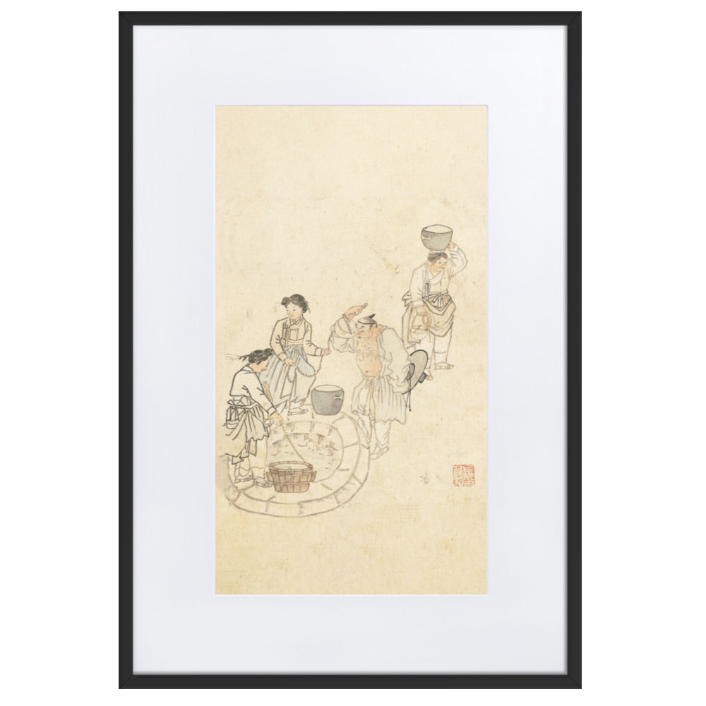 bei der Quelle, Umulga, Kim Hong-do - Poster im Rahmen mit Passepartout Schwarz / 61×91 cm artlia