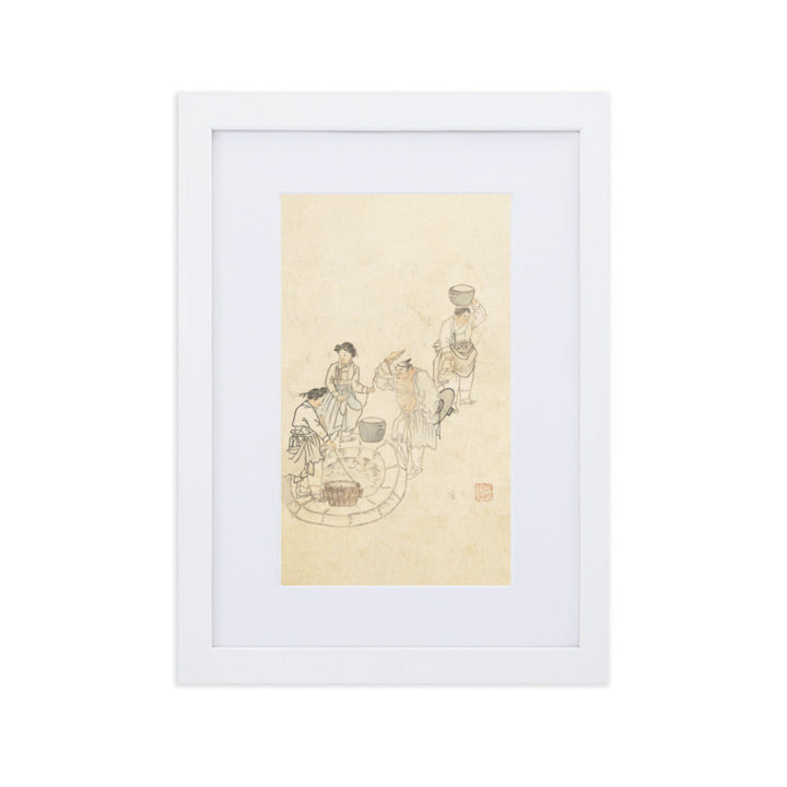 bei der Quelle, Umulga, Kim Hong-do - Poster im Rahmen mit Passepartout Weiß / 21×30 cm artlia