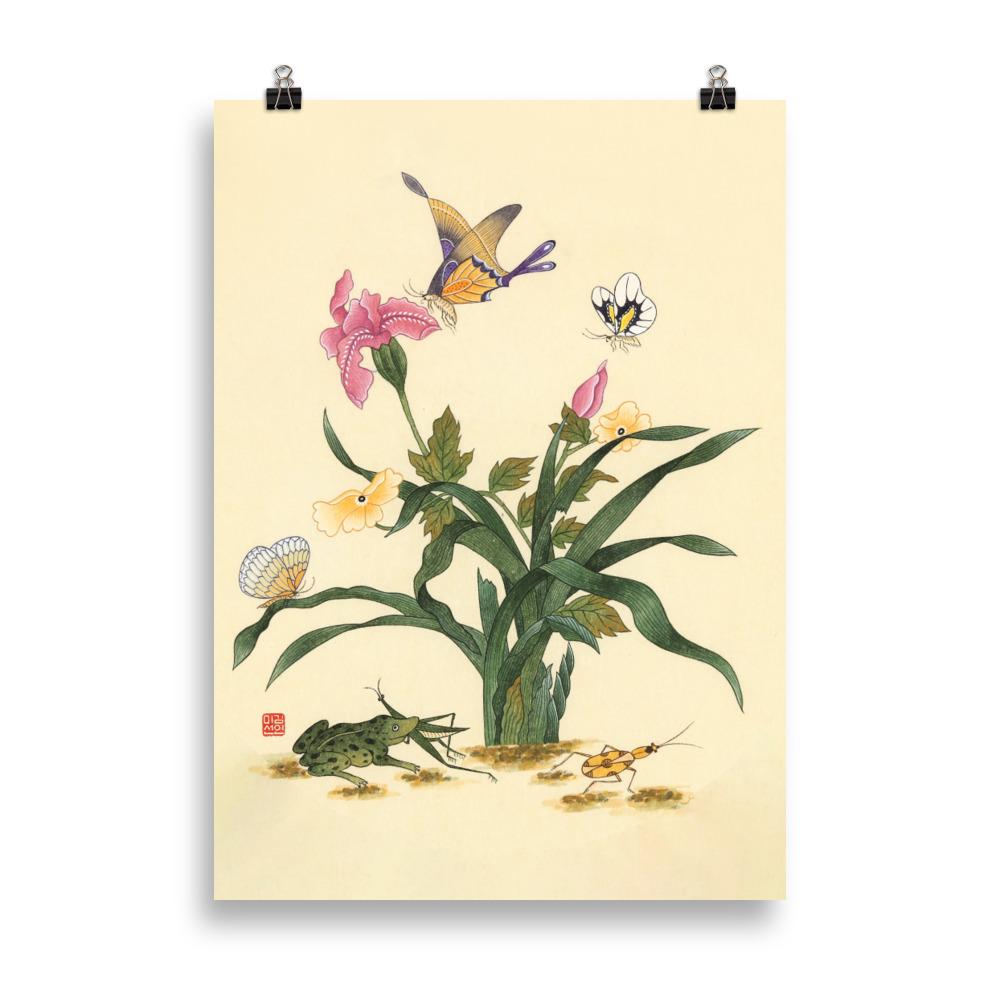 Blumen, Schmetteringe und Frosch - Poster artlia