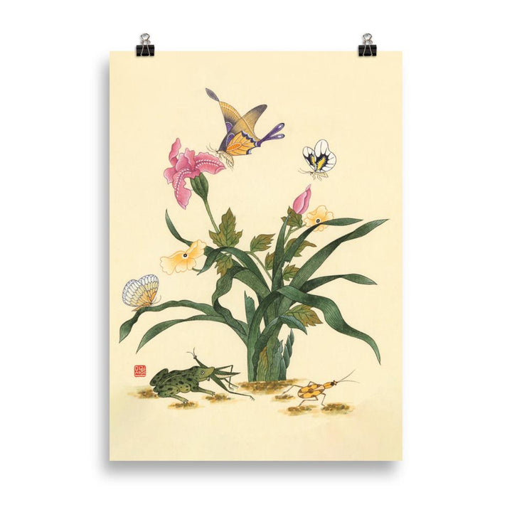 Blumen, Schmetteringe und Frosch - Poster artlia