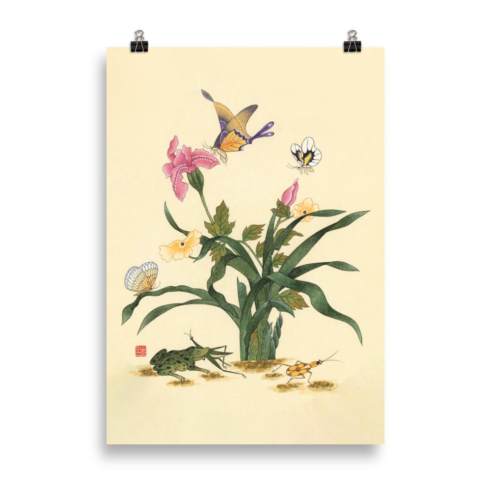 Blumen, Schmetteringe und Frosch - Poster artlia
