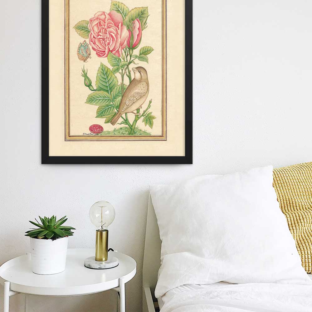 Blumen und der Vogel - Poster im Rahmen artlia