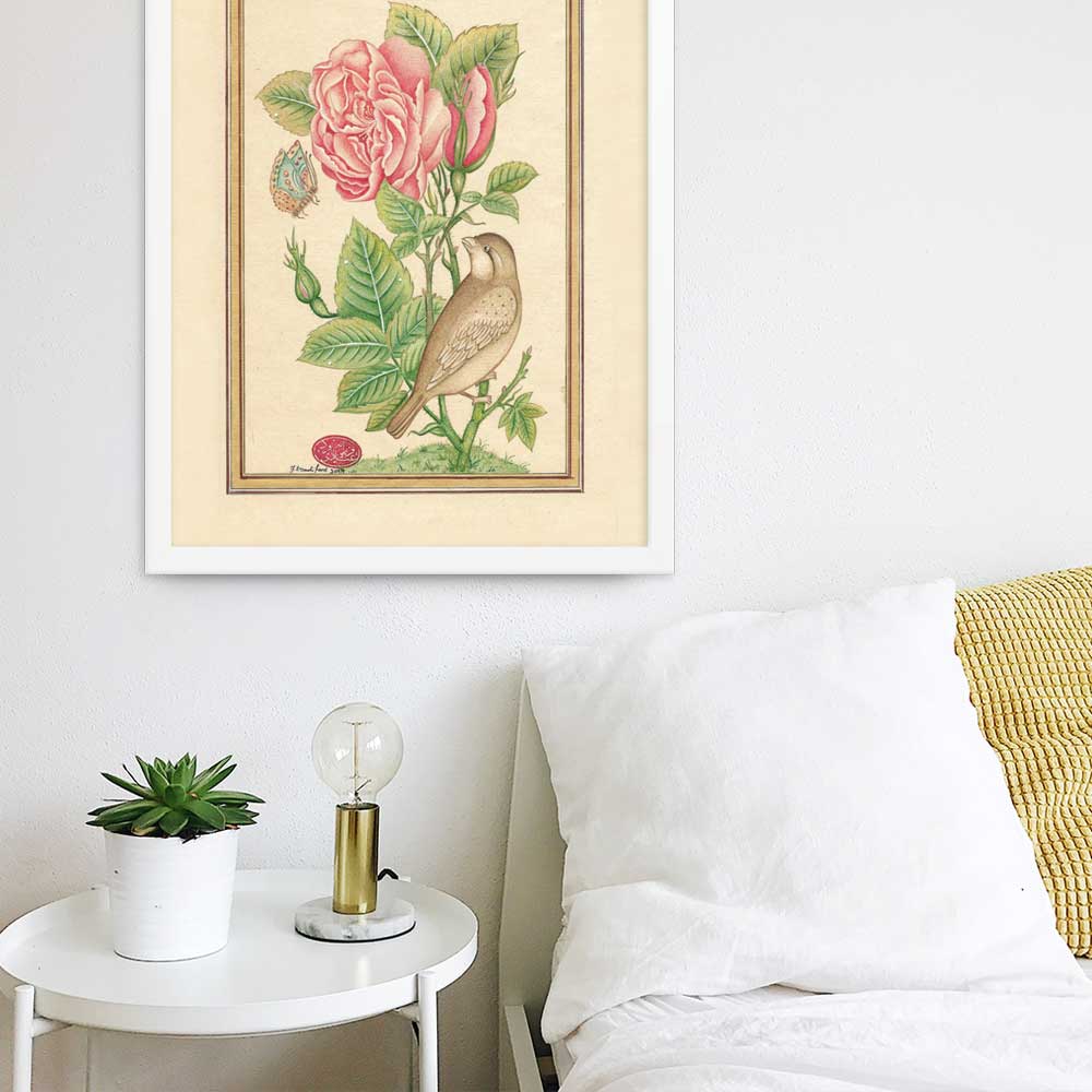 Blumen und der Vogel - Poster im Rahmen artlia