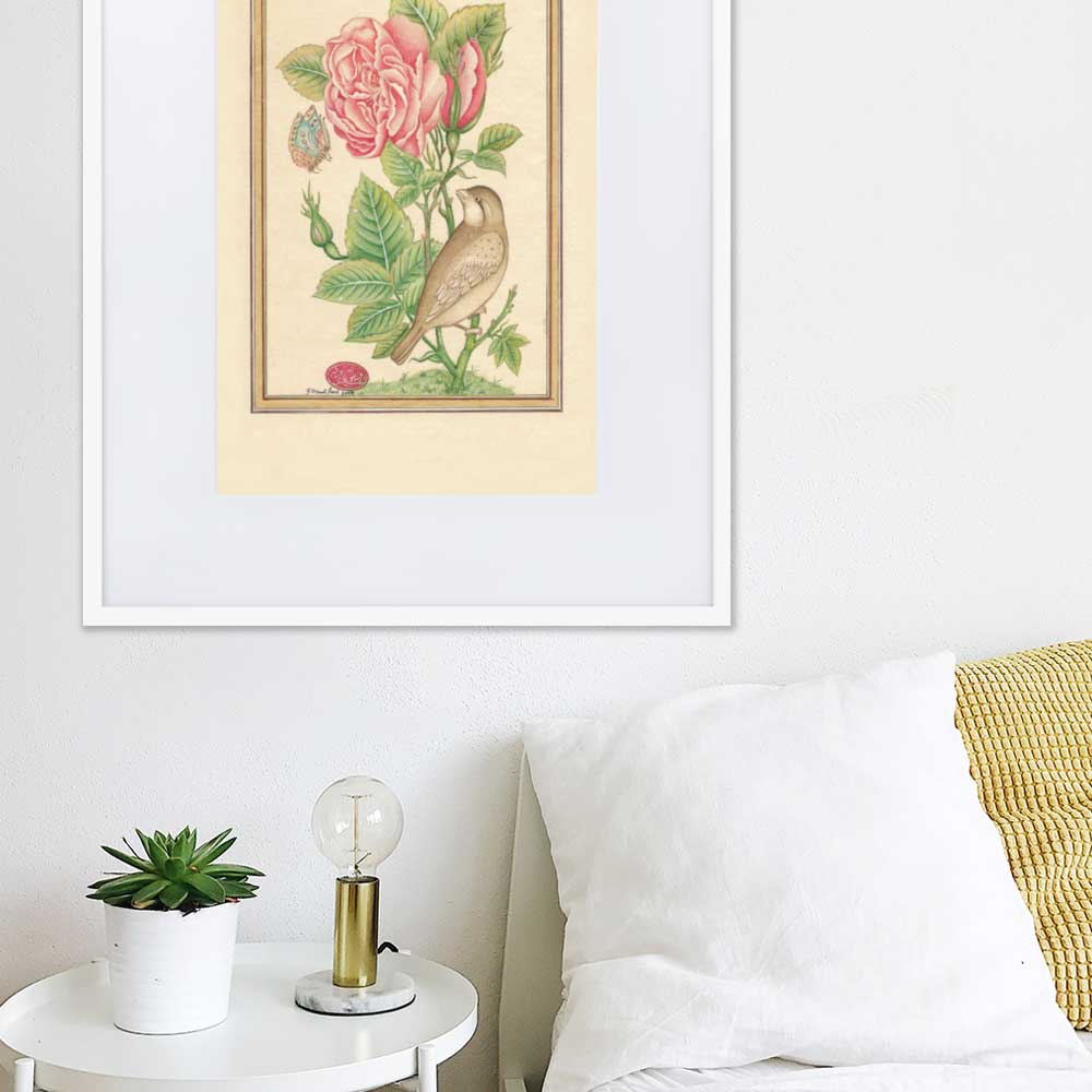 Blumen und der Vogel - Poster im Rahmen mit Passepartout artlia