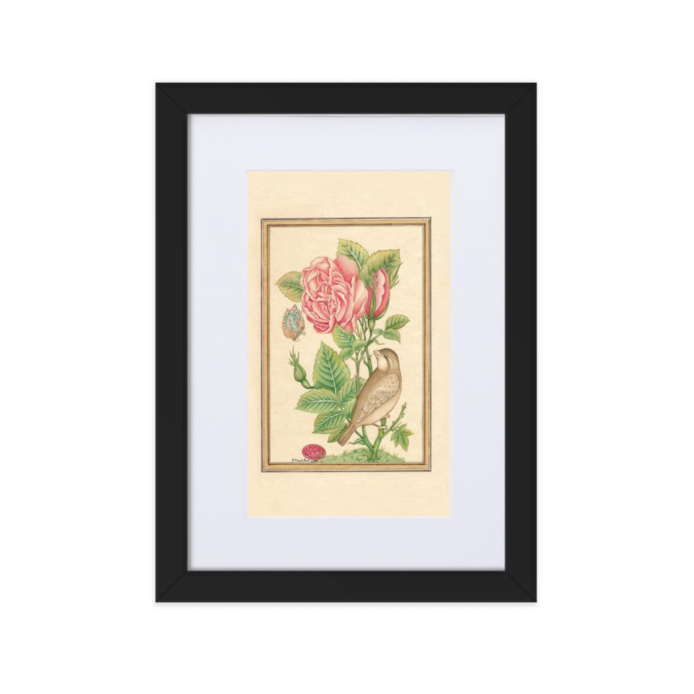 Blumen und der Vogel - Poster im Rahmen mit Passepartout Schwarz / 21×30 cm artlia