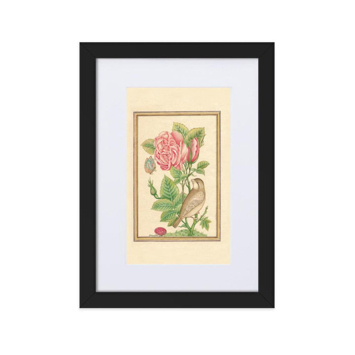 Blumen und der Vogel - Poster im Rahmen mit Passepartout Schwarz / 21×30 cm artlia