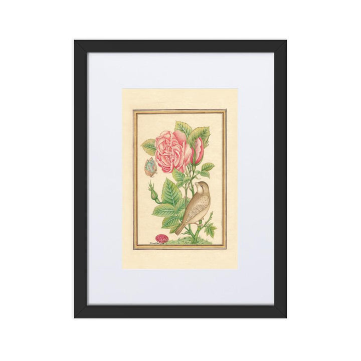 Blumen und der Vogel - Poster im Rahmen mit Passepartout Schwarz / 30×40 cm artlia