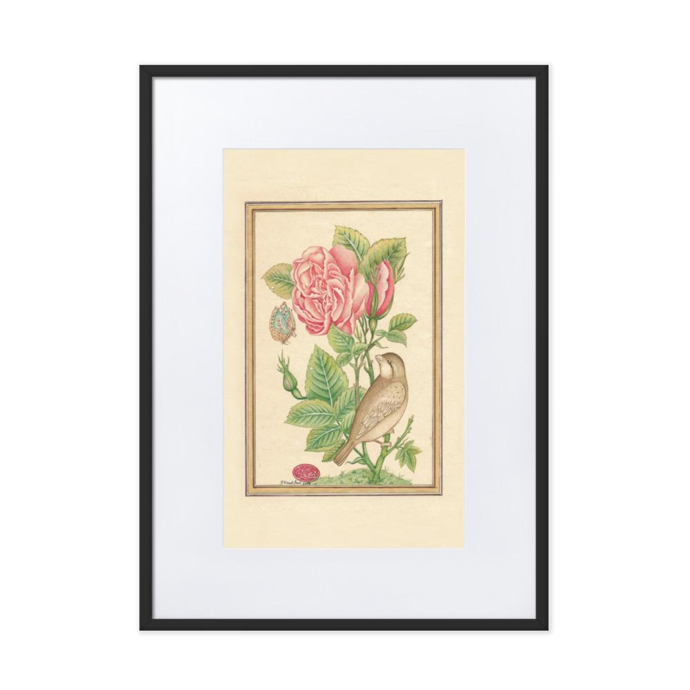 Blumen und der Vogel - Poster im Rahmen mit Passepartout Schwarz / 50×70 cm artlia