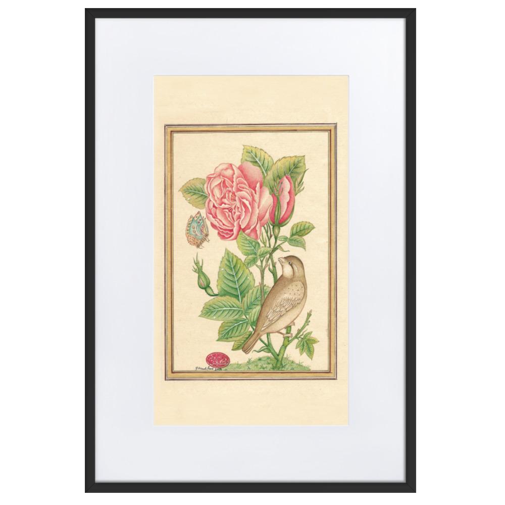 Blumen und der Vogel - Poster im Rahmen mit Passepartout Schwarz / 61×91 cm artlia