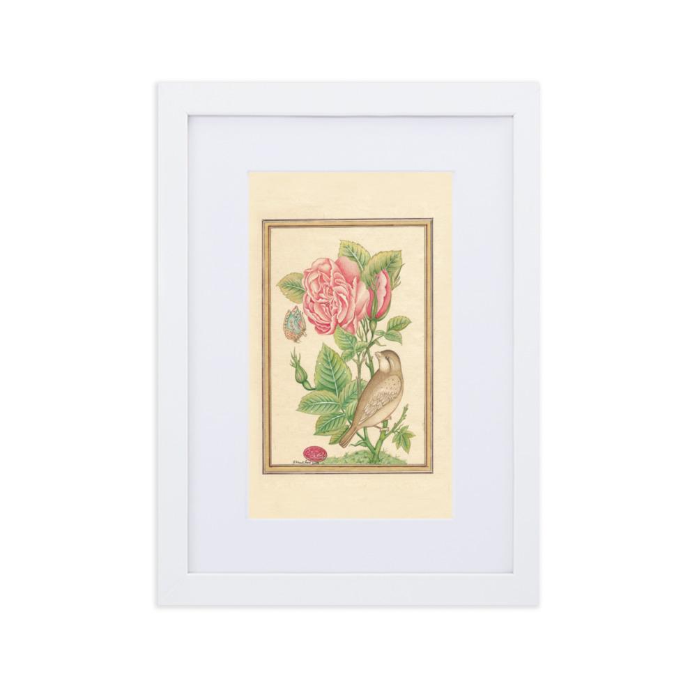 Blumen und der Vogel - Poster im Rahmen mit Passepartout Weiß / 21×30 cm artlia