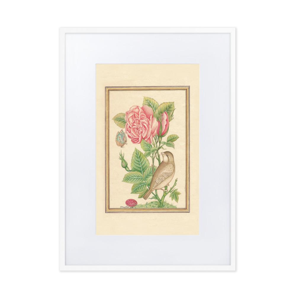 Blumen und der Vogel - Poster im Rahmen mit Passepartout Weiß / 50×70 cm artlia