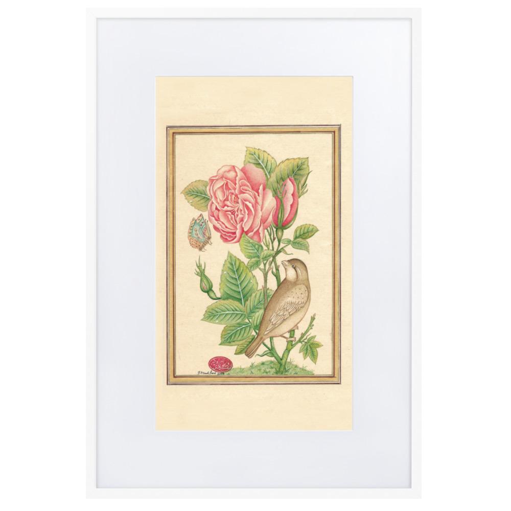 Blumen und der Vogel - Poster im Rahmen mit Passepartout Weiß / 61×91 cm artlia