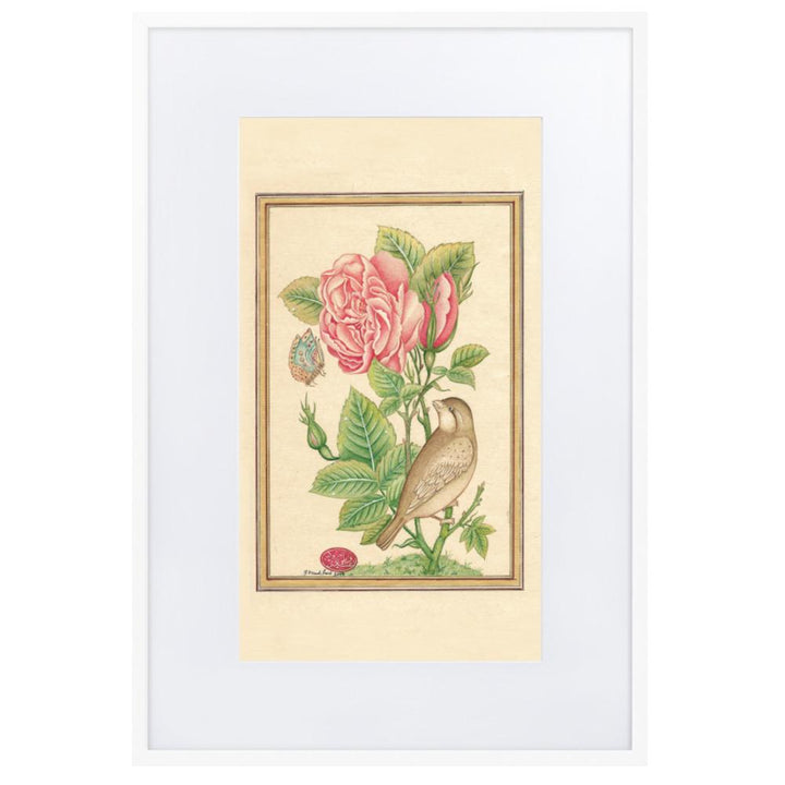 Blumen und der Vogel - Poster im Rahmen mit Passepartout Weiß / 61×91 cm artlia