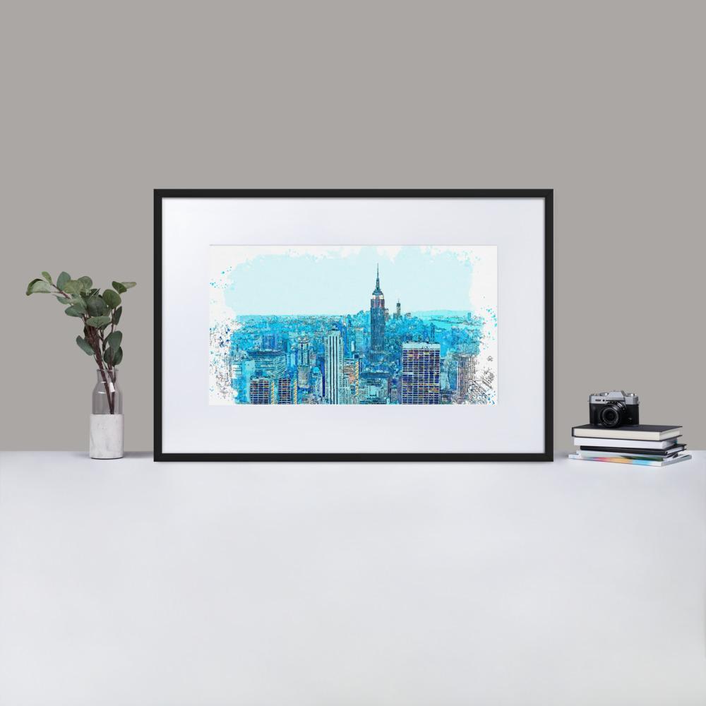 New York in Blau - Poster im Rahmen mit Passepartout artlia