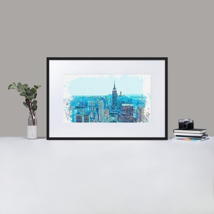 New York in Blau - Poster im Rahmen mit Passepartout artlia