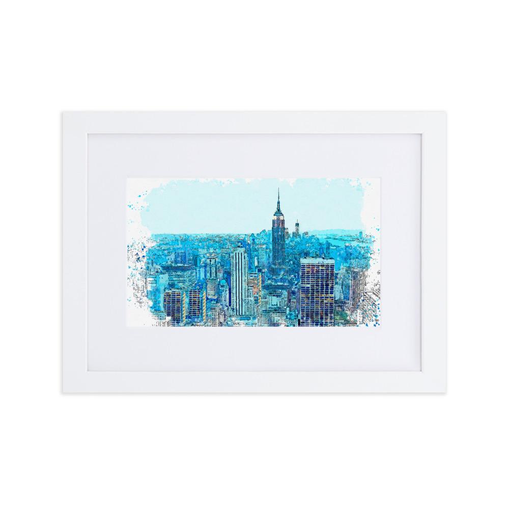 New York in Blau - Poster im Rahmen mit Passepartout weiß / 21×30 cm artlia