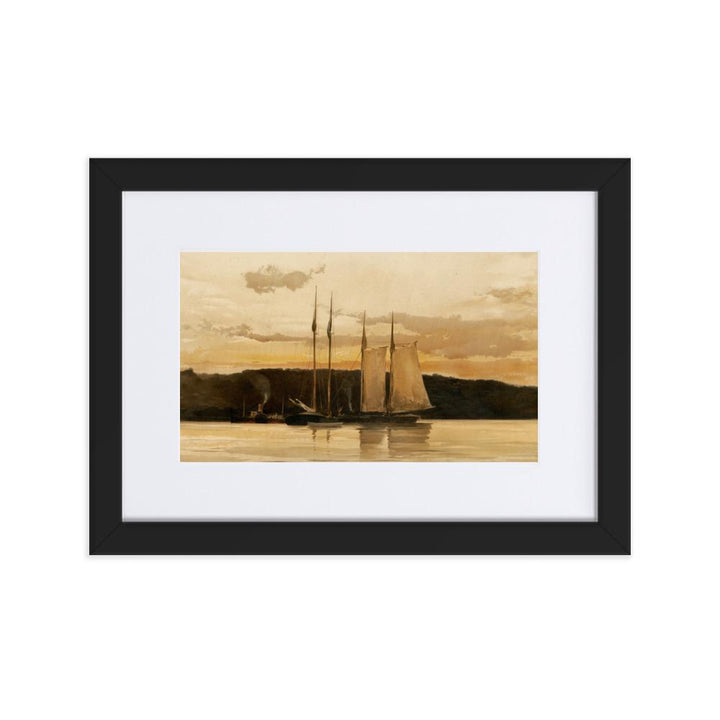 Schiffe im Sonnenuntergang - Poster im Rahmen mit Passepartout schwarz / 21×30 cm artlia