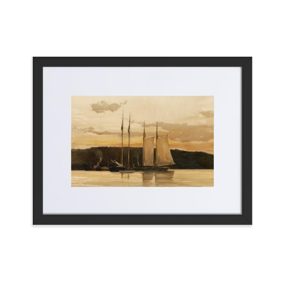 Schiffe im Sonnenuntergang - Poster im Rahmen mit Passepartout schwarz / 30×40 cm artlia