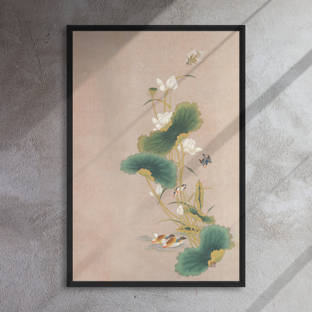 Lienzo - Seungmin Yoon, Flores de loto con pájaros