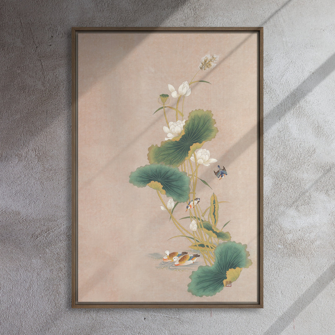 Lienzo - Seungmin Yoon, Flores de loto con pájaros