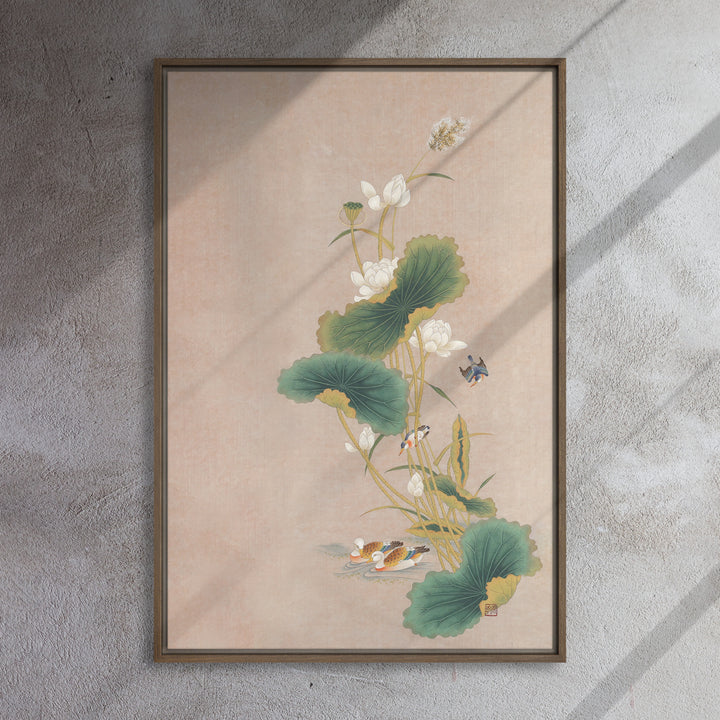 Lienzo - Seungmin Yoon, Flores de loto con pájaros