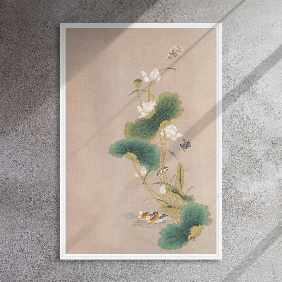 Lienzo - Seungmin Yoon, Flores de loto con pájaros
