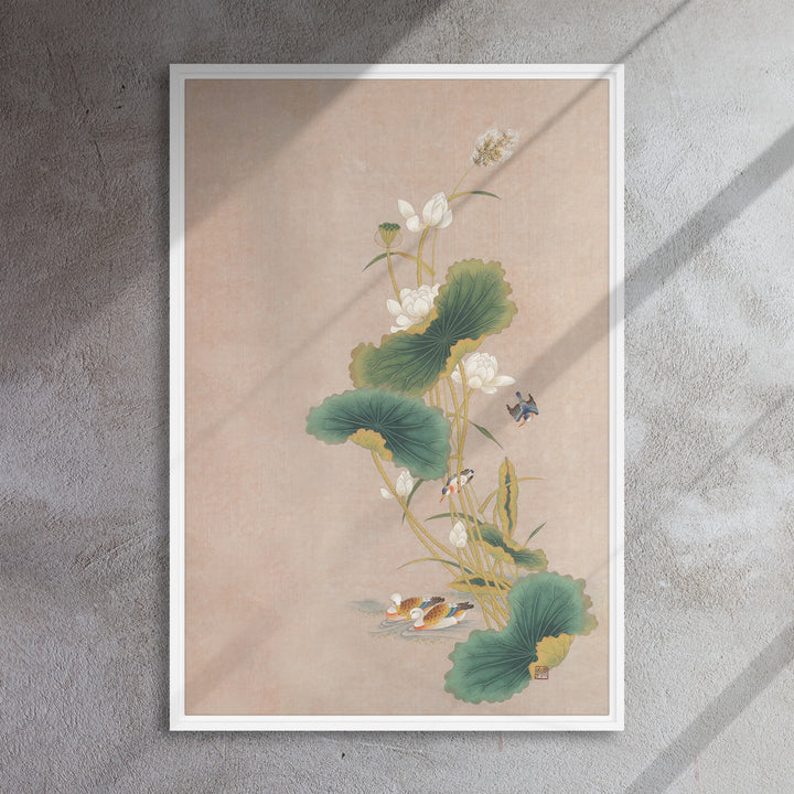 Lienzo - Seungmin Yoon, Flores de loto con pájaros