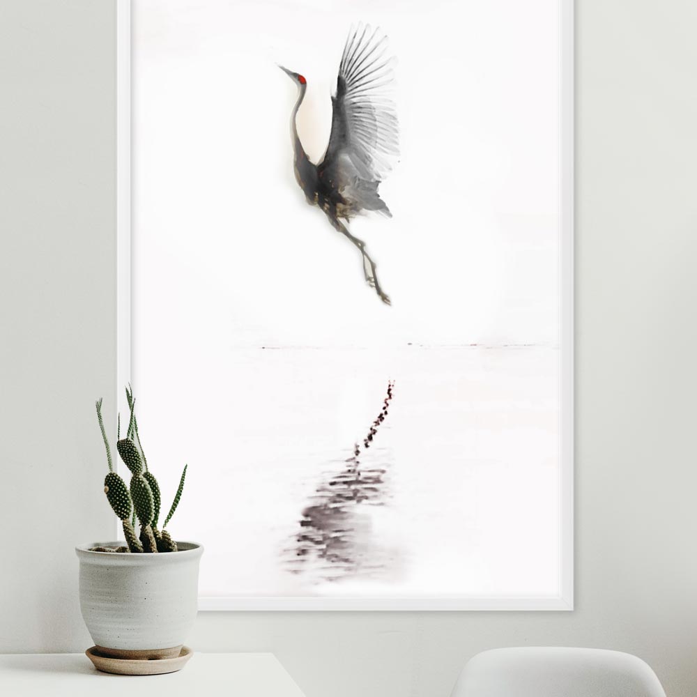 flying-red-crane-fliegender-kranich-poster-framed-white-artlia