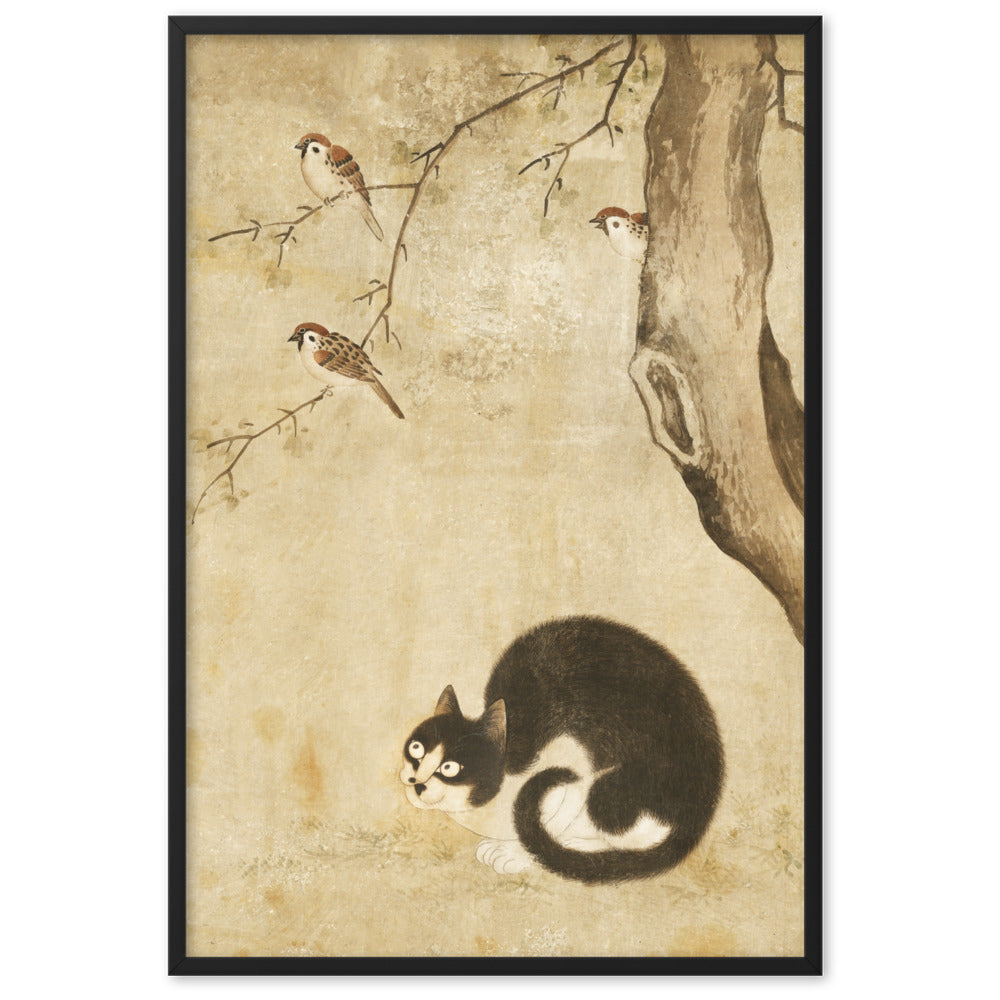 Poster - Katze und Spatzen, Byeon Sang-byeok Byeon Sang-byeok Schwarz / 61×91 cm artlia