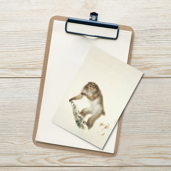 Postal - Hashimoto Kansetsu, mono viejo con cereza en otoño