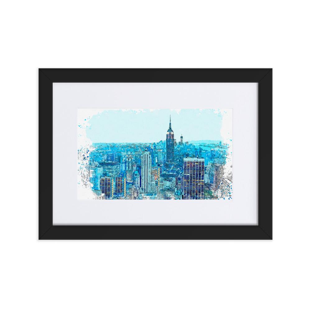 New York in Blau - Poster im Rahmen mit Passepartout Kuratoren von artlia schwarz / 21×30 cm artlia