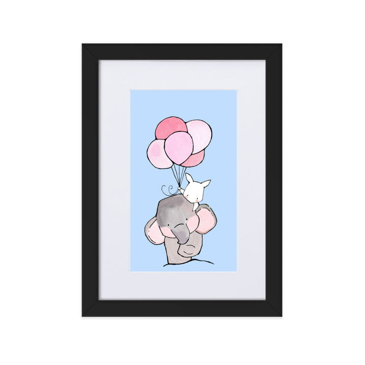 Poster mit Passepartout - Elefant und Hase mit Luftballon Kuratoren von artlia Schwarz / 21×30 cm artlia