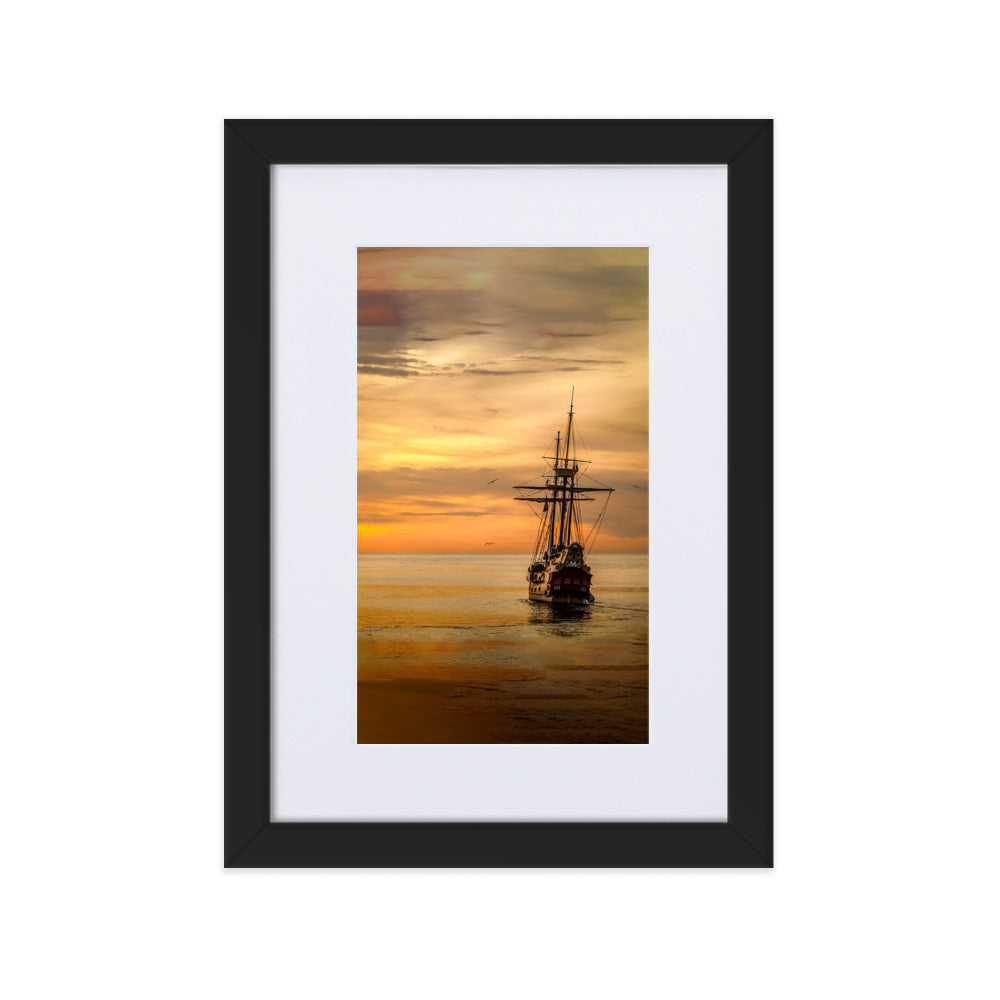 Poster mit Passepartout - Schiff im Sonnenuntergang Kuratoren von artlia Schwarz / 21×30 cm artlia